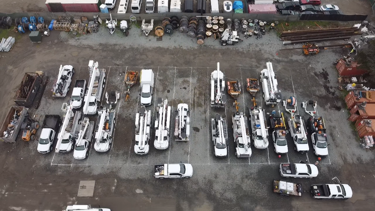 Utility trucks and equipment in a work yard